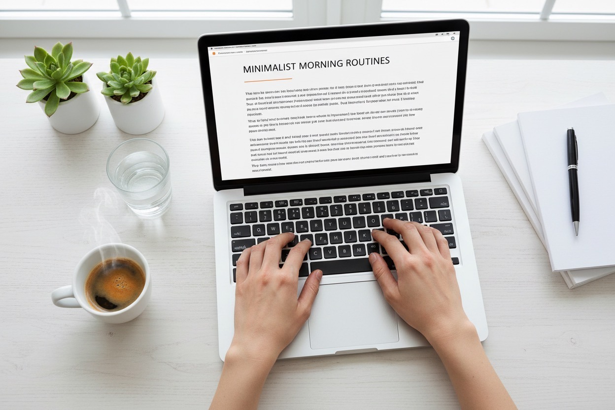 Jemand schreibt einen Blogartikel auf sein MacBook zum Thema "Minimalist Morning Routine". Rechts neben dem Laptop findet sich ein Stapel Textblöcke mit einem Kugelschreiber darauf. Links neben dem Notebook finden sich 2 Sukkulenten, ein Glas Wasser und ein Espresso.